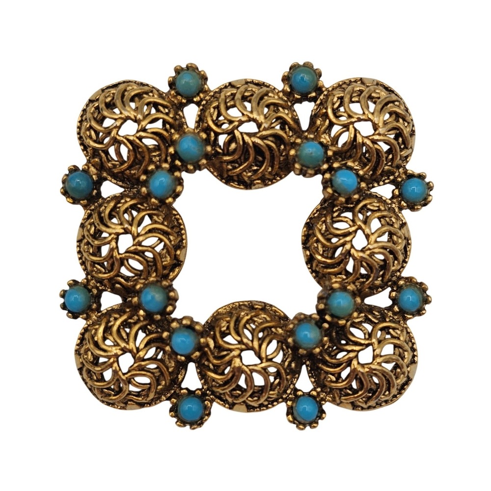 VTG Brooch Antique Revival Gold Tone Faux Turquoise Cabochon‎ Boho Stmt MCM Pin